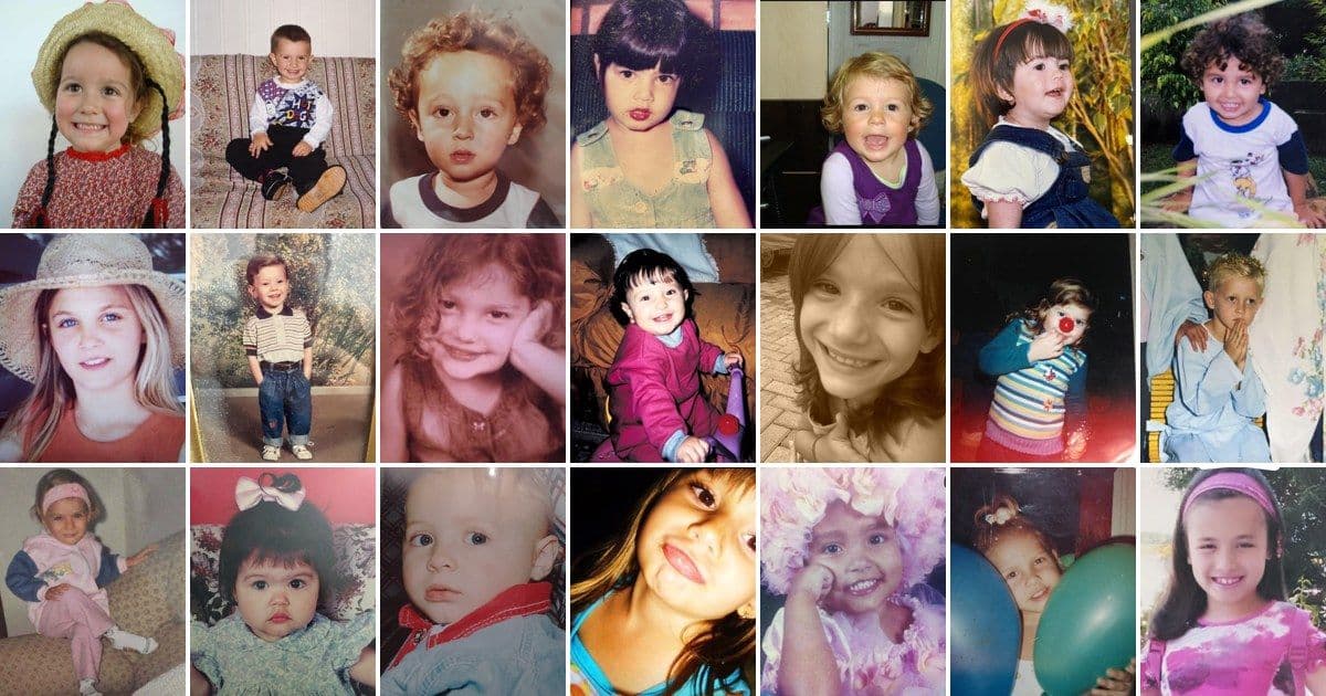 Mosaico com fotos de infância de pessoas do time da SM Santa Maria