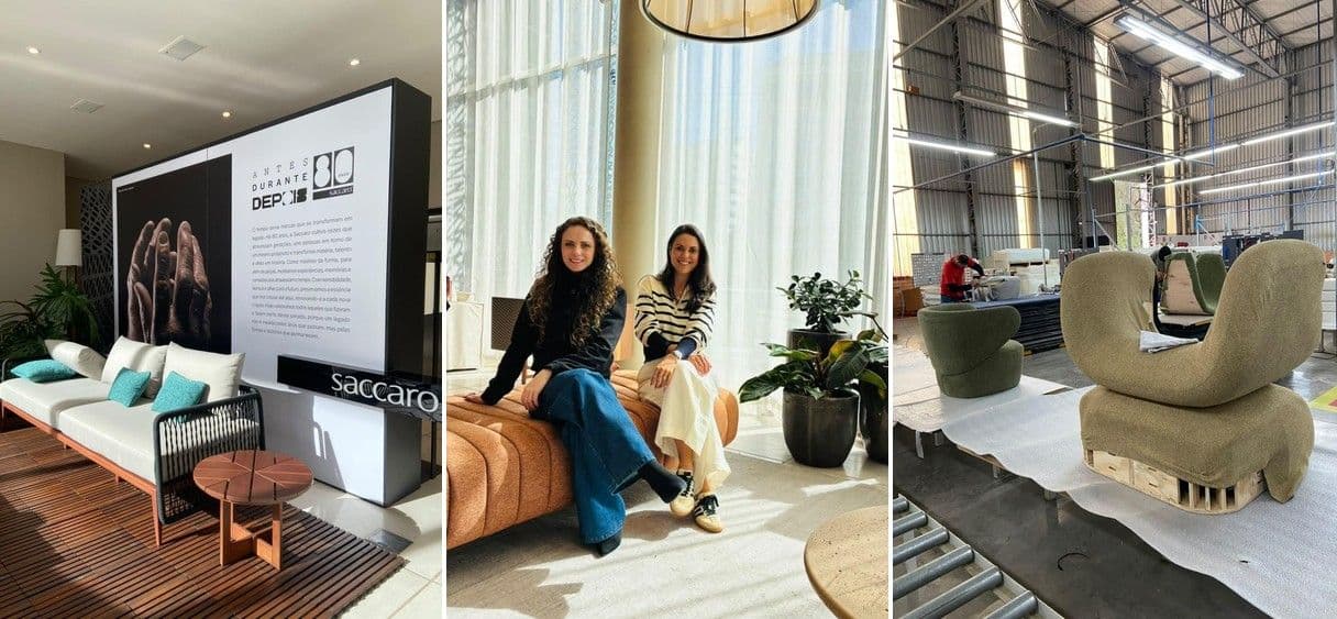 Equipe de Interiores da SM no showroom e na fábrica da Saccaro, em Caxias do Sul